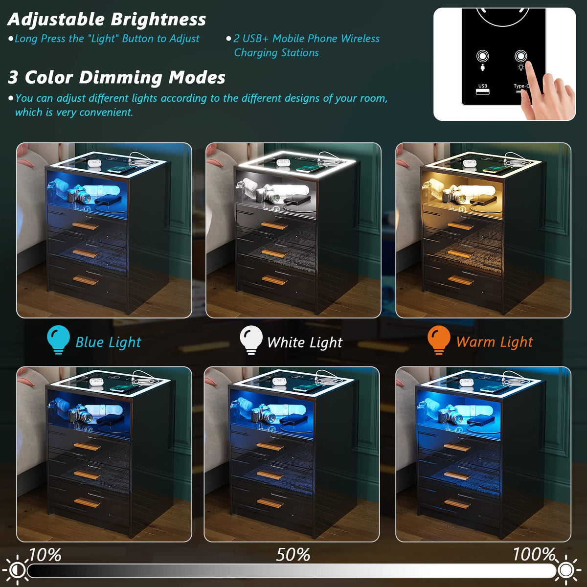 Black High Gloss Nightstand with Wireless Charging Station U8441