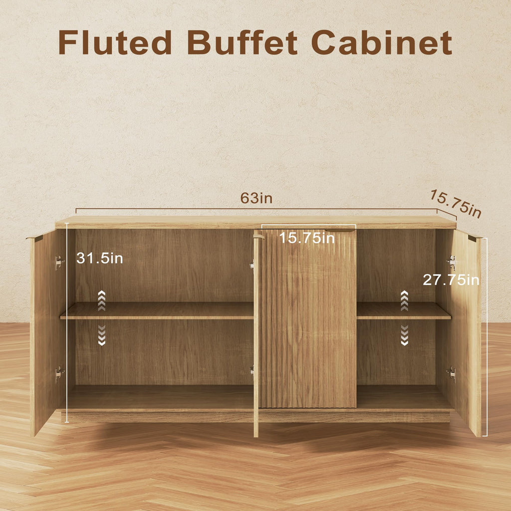 Natural Oak Fluted Wooden Sideboard Cabinet with 4 Doors U43053