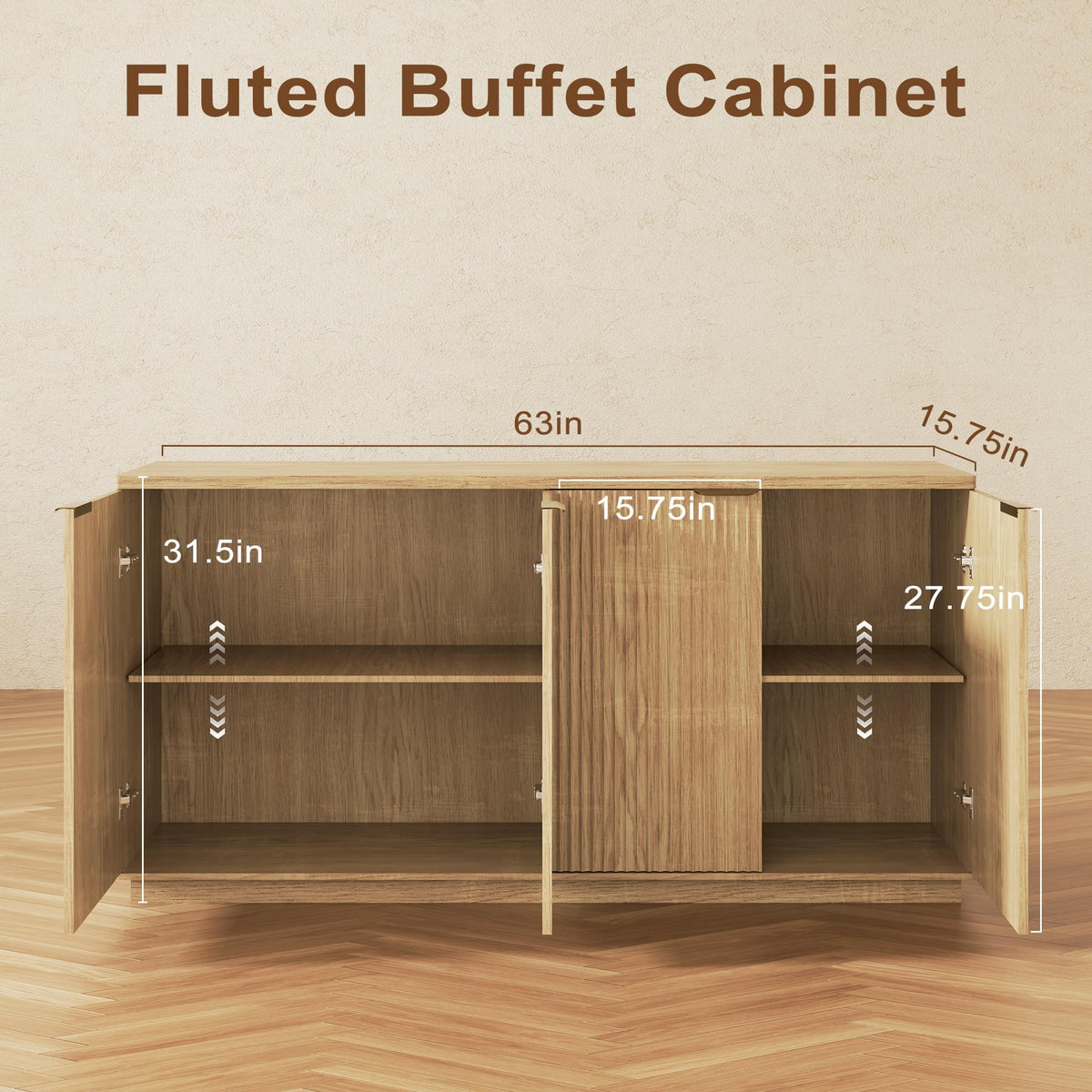 Natural Oak Fluted Wooden Sideboard Cabinet with 4 Doors U43053