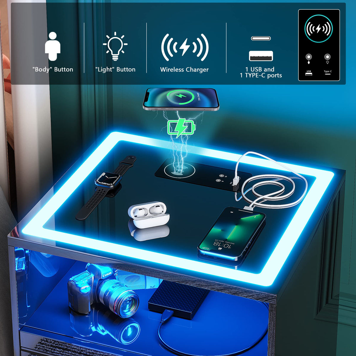 Black High Gloss Nightstand with Wireless Charging Station U8441