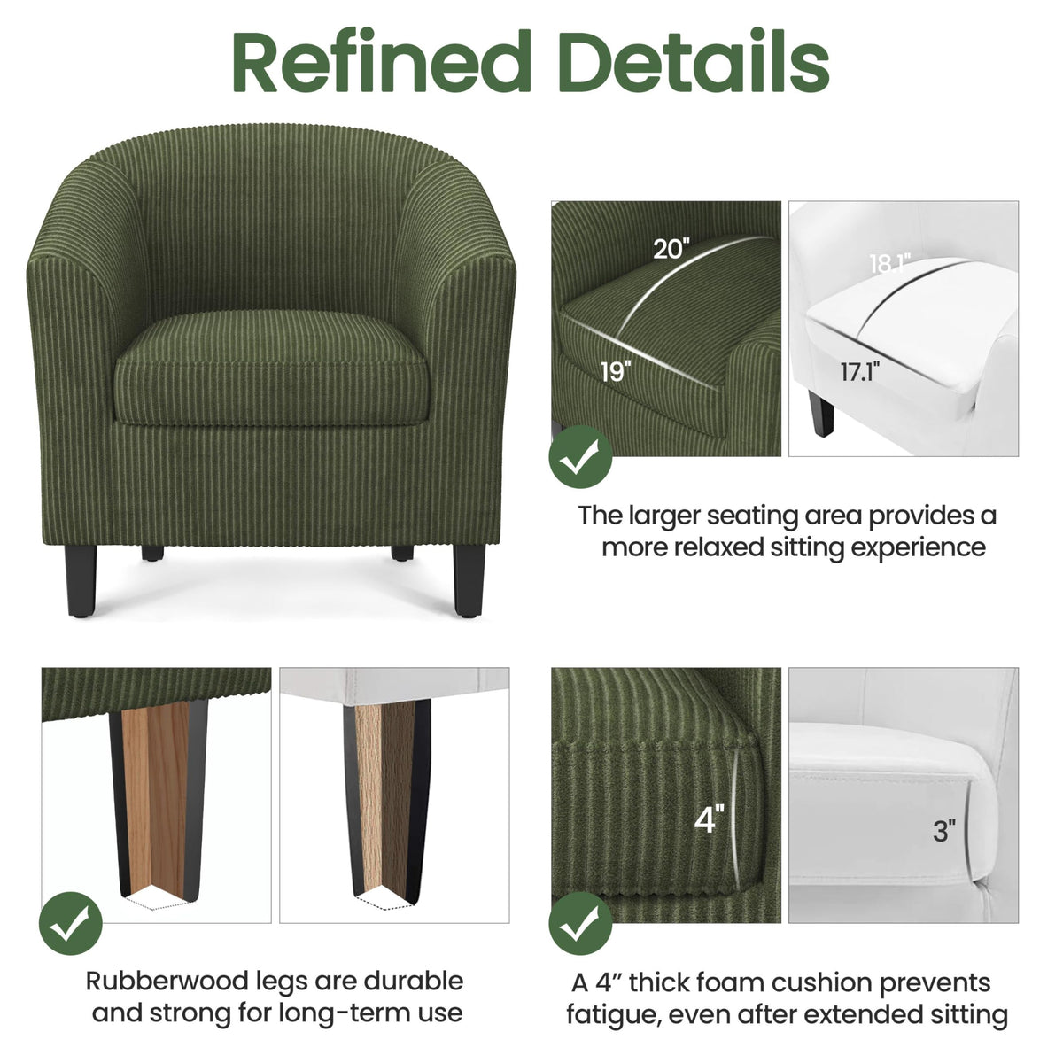 Corduroy Barrel Armchairs Set of 2 Dark Green U864