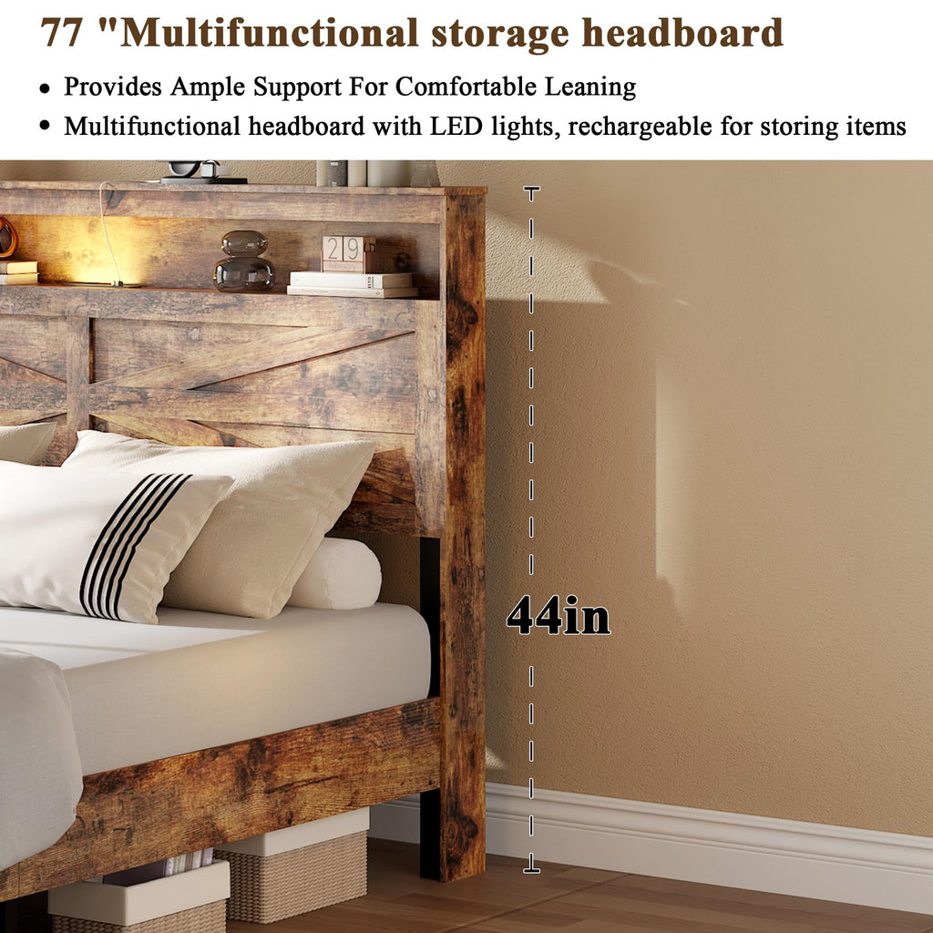 King Size Wood Platform Bed Frame with Headboard Storage Shelf X3724