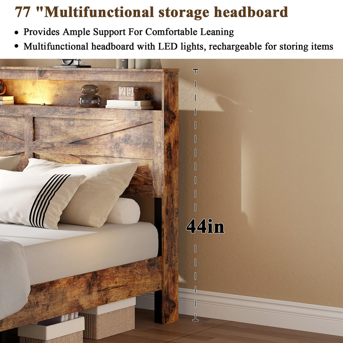 King Size Wood Platform Bed Frame with Headboard Storage Shelf X3724