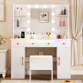 White Vanity Desk with Mirror and Lights, Charging Station, Stool, 3 Drawers and Cabinets P211114