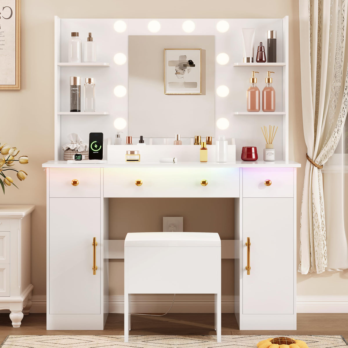White Vanity Desk with Mirror and Lights, Charging Station, Stool, 3 Drawers and Cabinets P211114