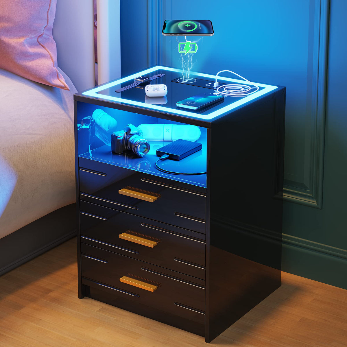 Black High Gloss Nightstand with Wireless Charging Station U8441