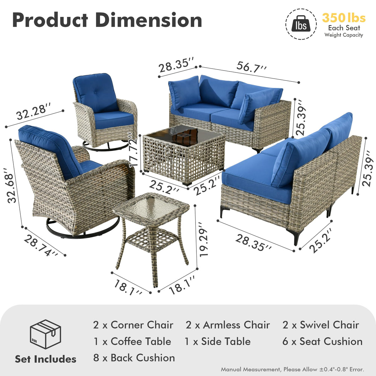 Navy Blue 8 Pieces Wicker Patio Furniture Set G424