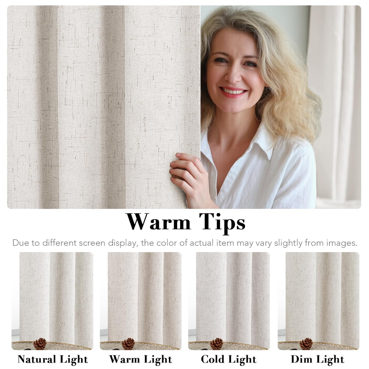 100% Blackout Linen Curtains 84" L 2 Panels Ivory P674