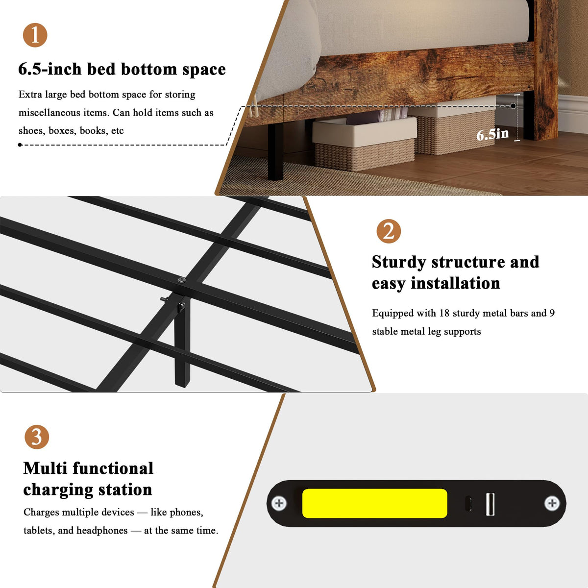 King Size Wood Platform Bed Frame with Headboard Storage Shelf X3724