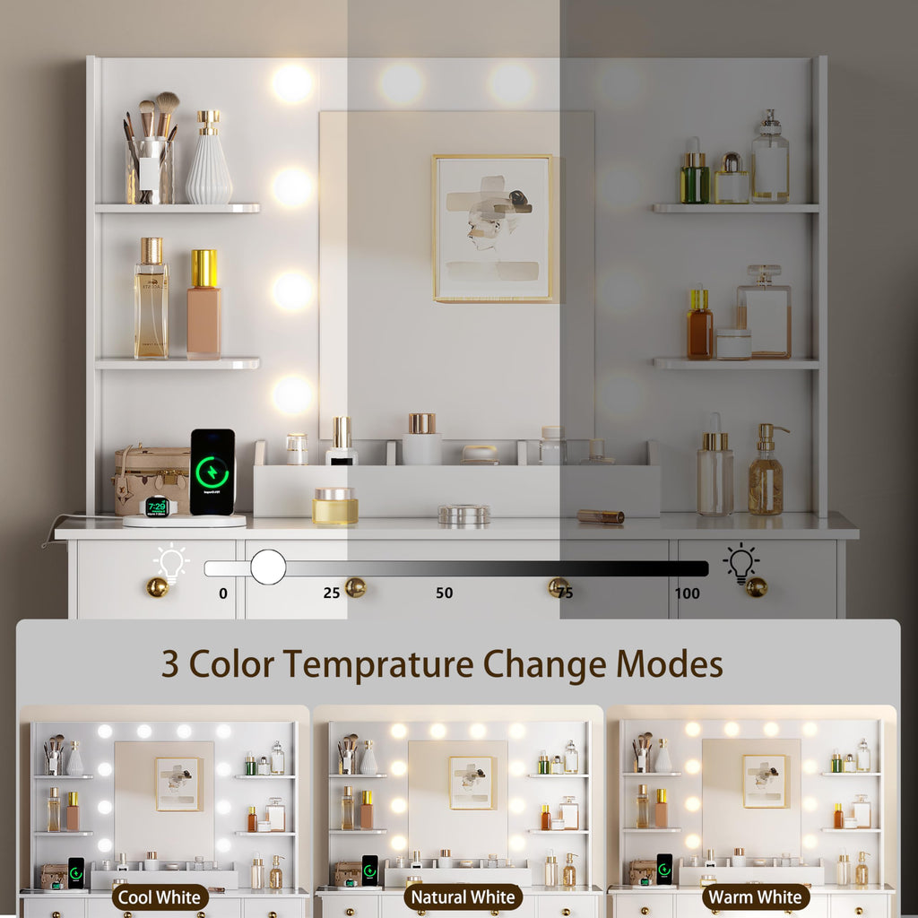White Vanity Desk with Mirror and Lights, Charging Station, Stool, 3 Drawers and Cabinets P211114
