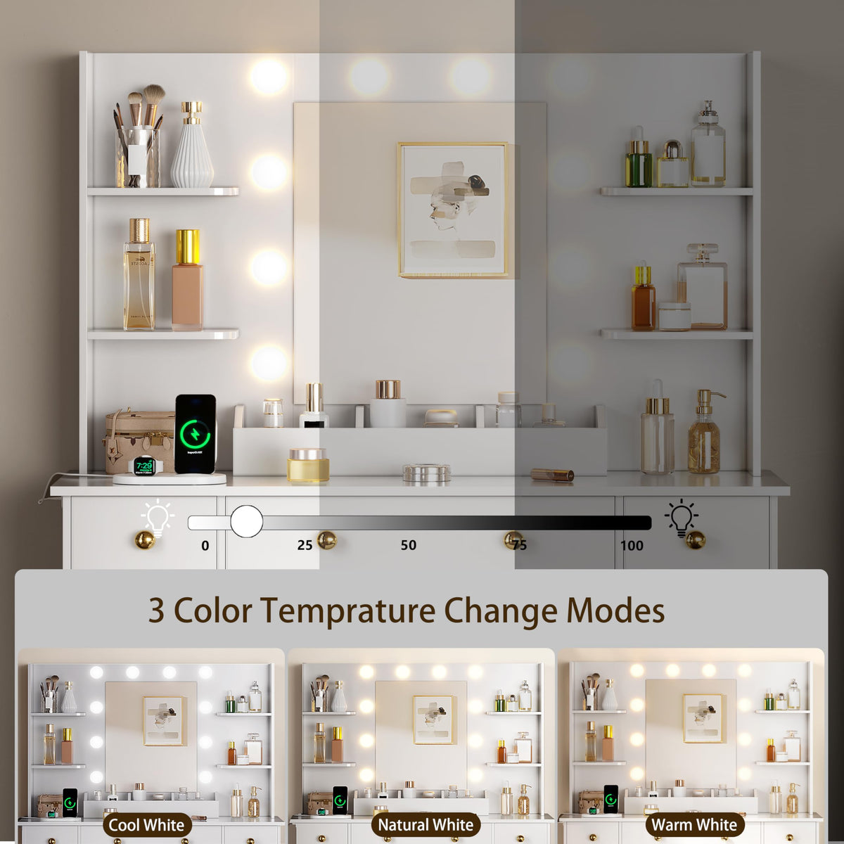 White Vanity Desk with Mirror and Lights, Charging Station, Stool, 3 Drawers and Cabinets P211114