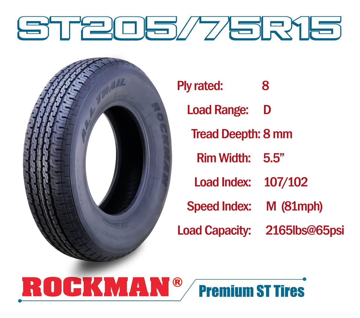 Trailer Tire Wheel ST205/75R15 8PR D 107M 5X4.5" PCD Silver Mod Rim Y7143
