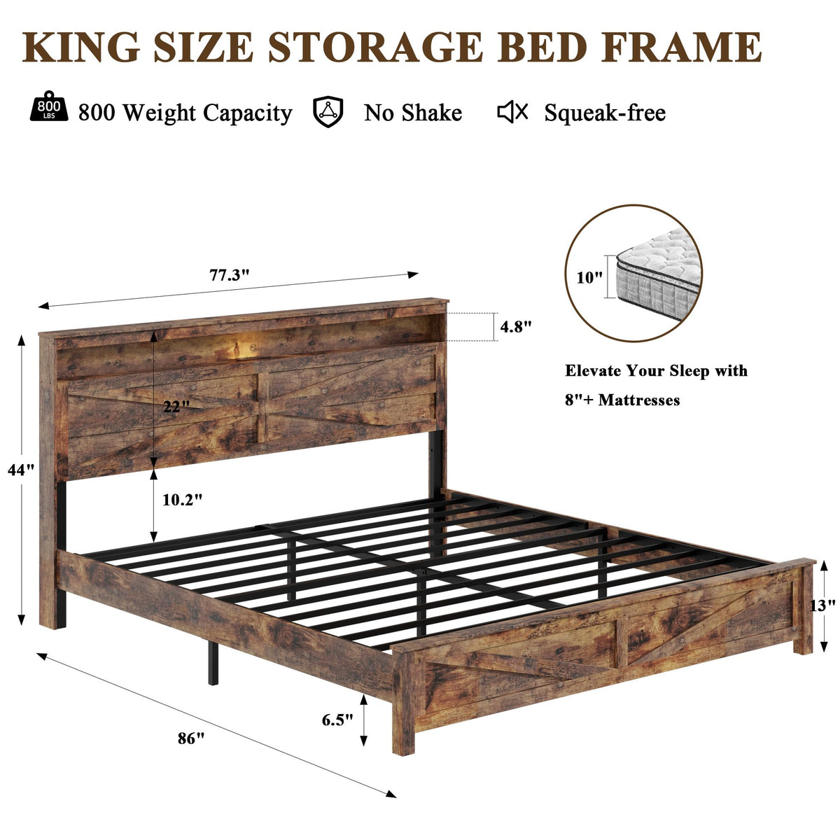King Size Wood Platform Bed Frame with Headboard Storage Shelf X3724