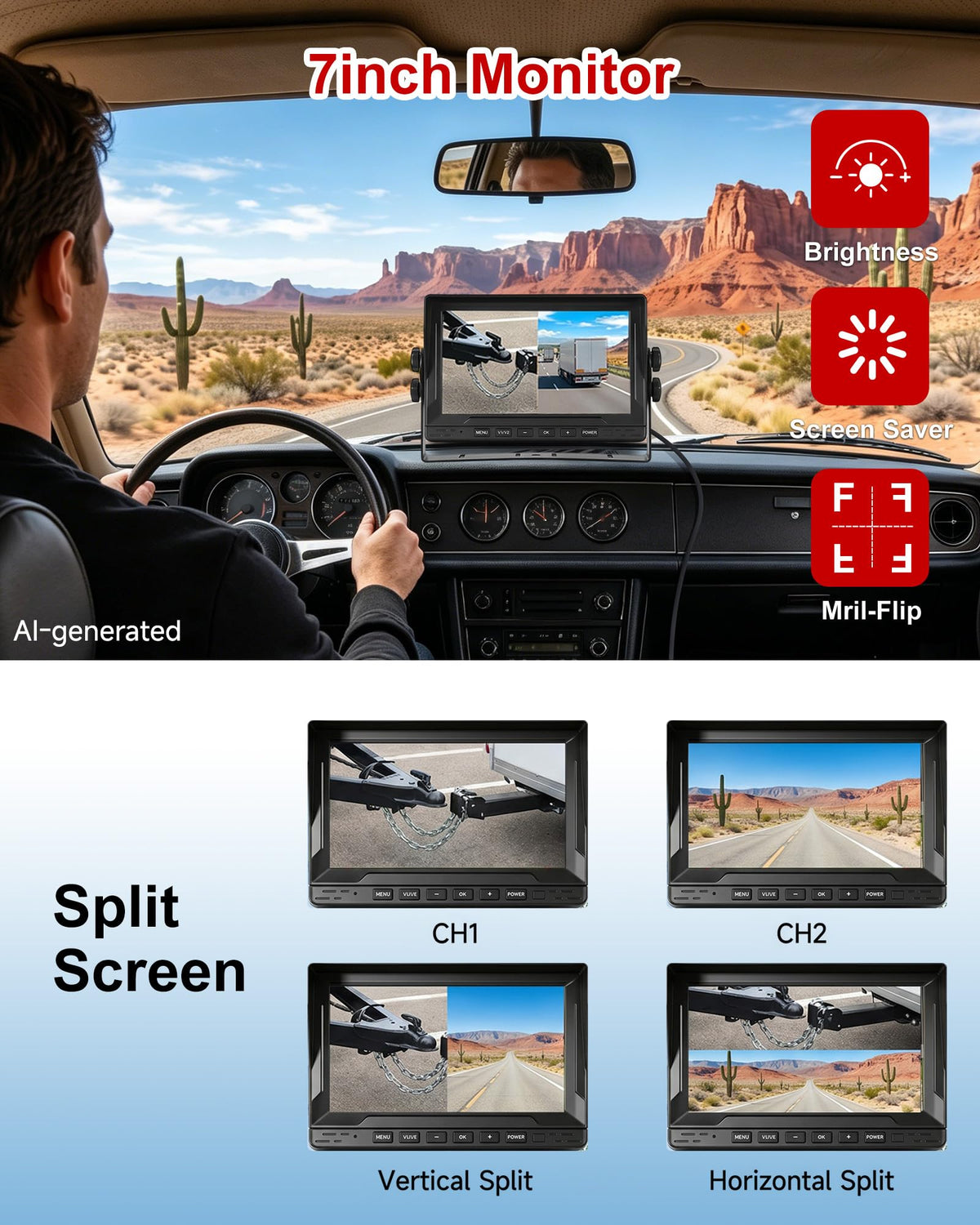 Dual RV Backup Camera System with 7" Split Screen Monitor Z39499