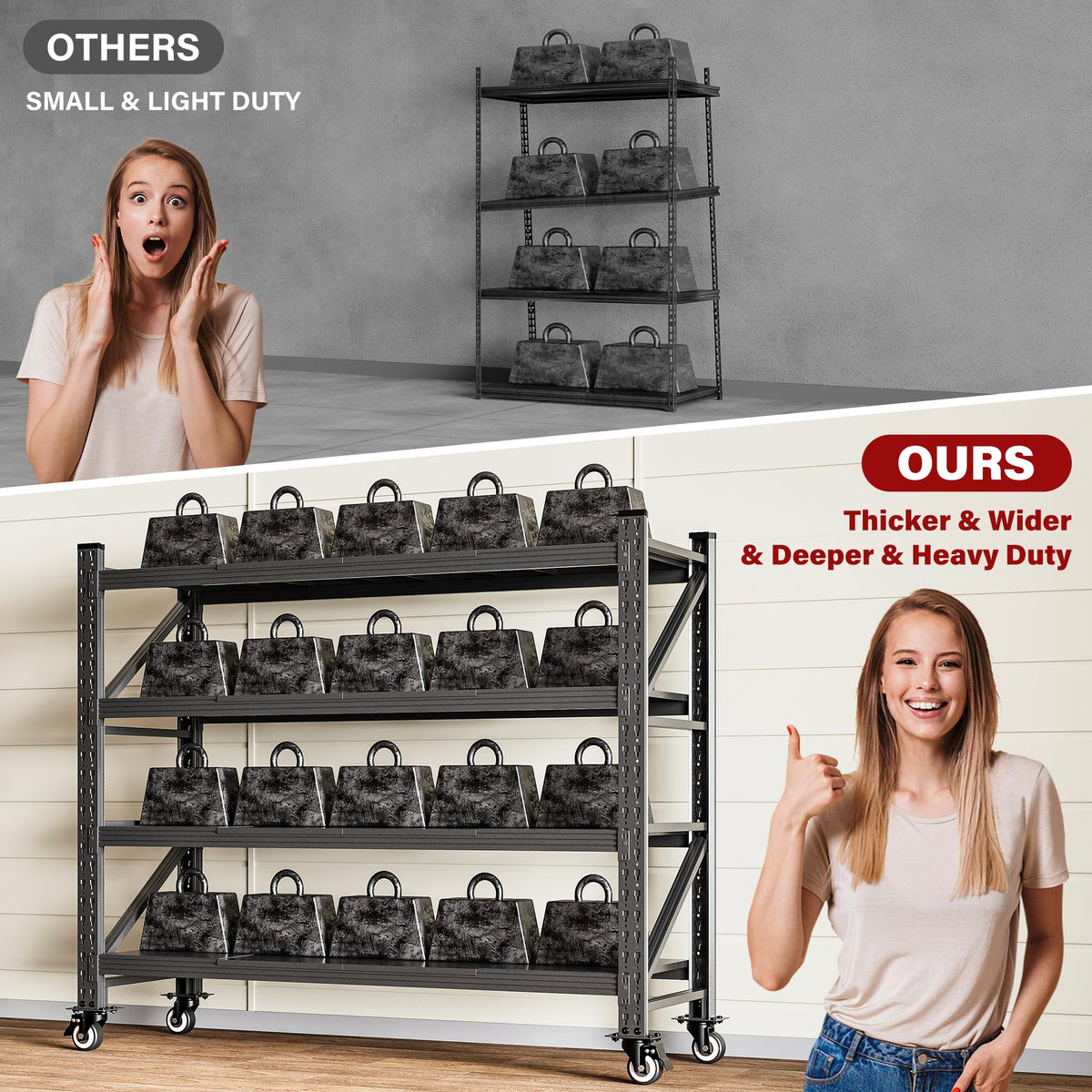 75.6" Tall Black Metal Storage Shelves with Wheels V3017