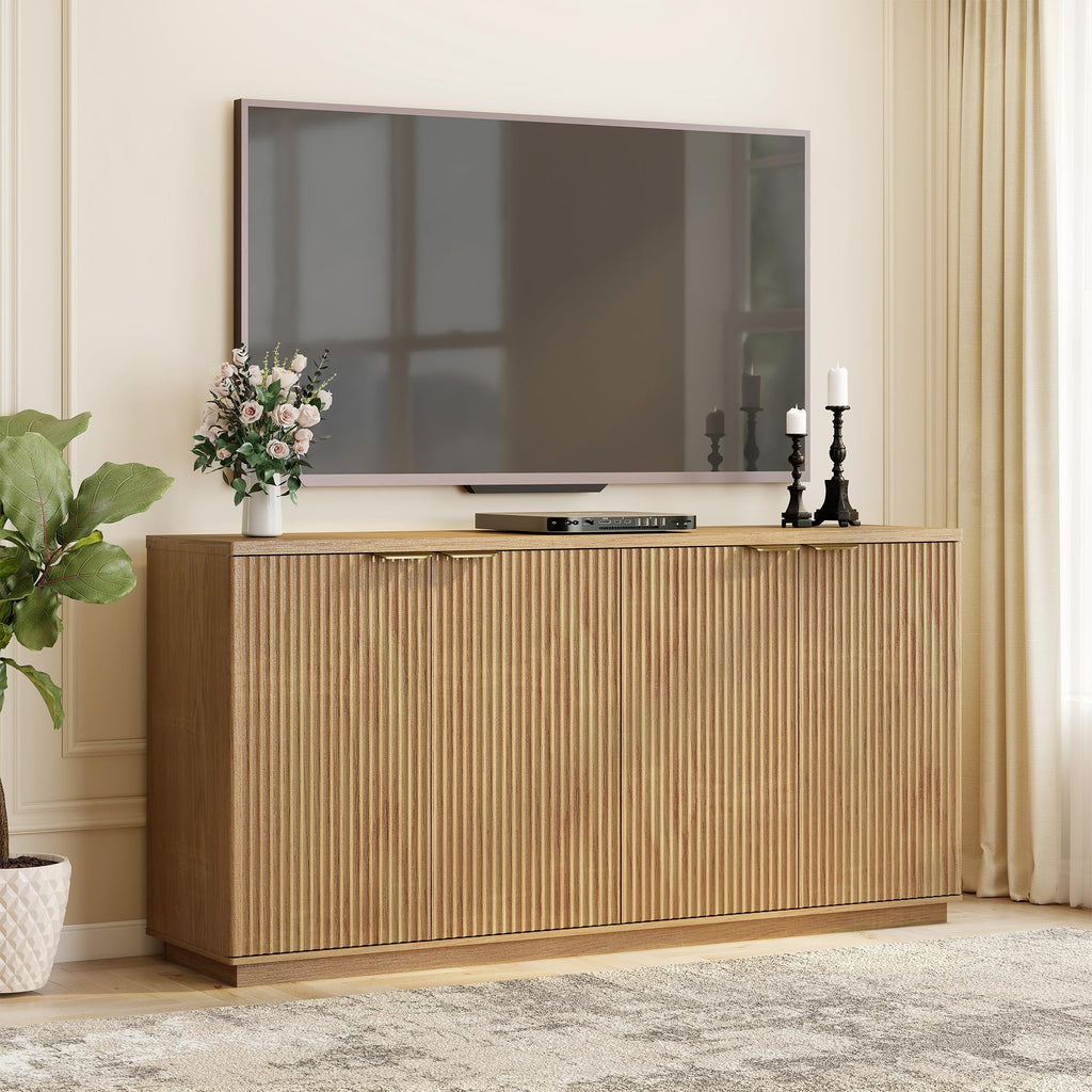 Natural Oak Fluted Wooden Sideboard Cabinet with 4 Doors U43053