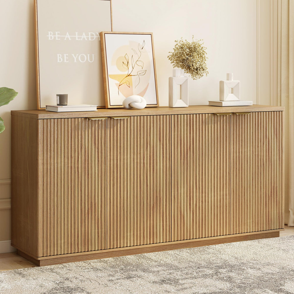 Natural Oak Fluted Wooden Sideboard Cabinet with 4 Doors U43053
