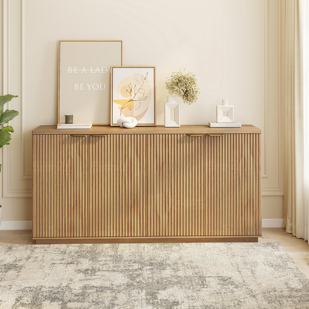 Natural Oak Fluted Wooden Sideboard Cabinet with 4 Doors U43053