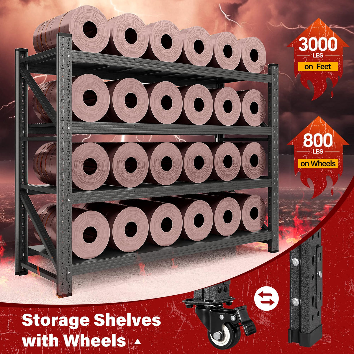 75.6" Tall Black Metal Storage Shelves with Wheels V3017