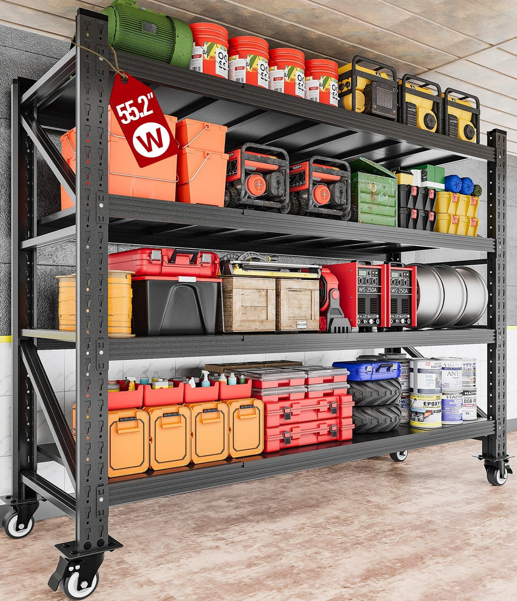 75.6" Tall Black Metal Storage Shelves with Wheels V3017